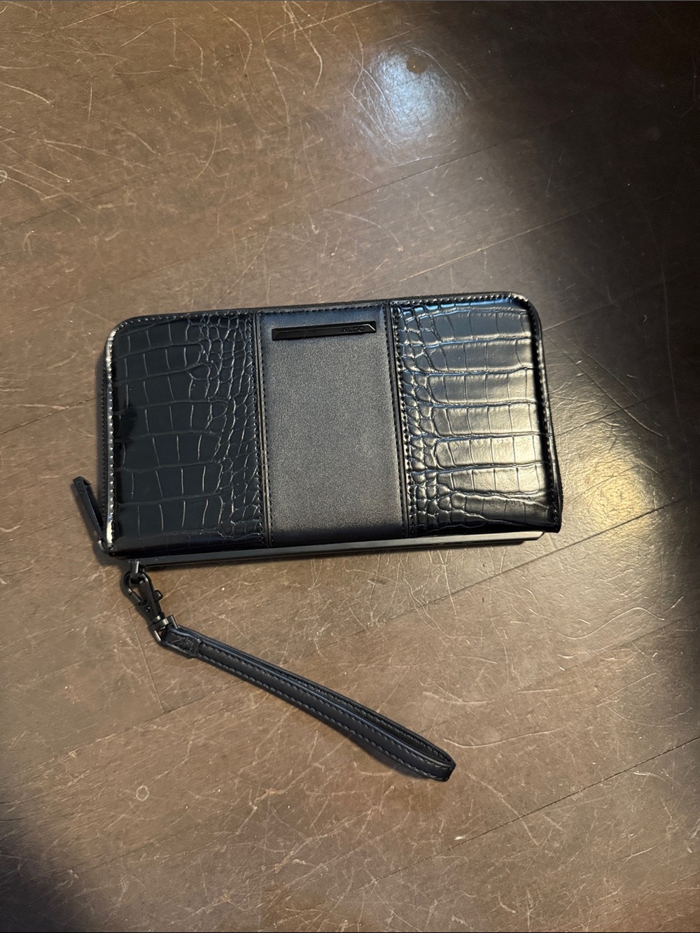 Aldo Black Croc-Embossed Zip Wallet Wristlet